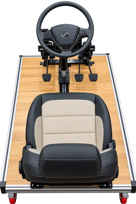 Top view of the Automation Division seat, steering wheel and pedal platform